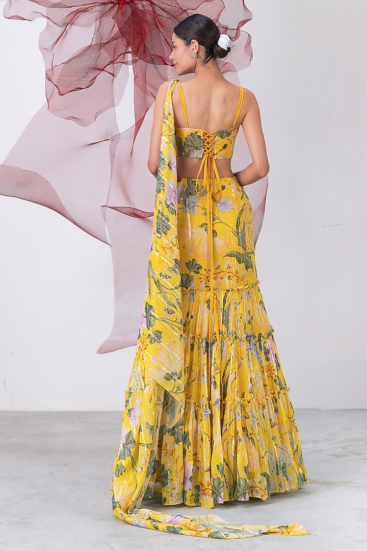 Yellow Lurex Chiffon Printed Draped Skirt Set by Vesture at Pernia's Pop Up Shop