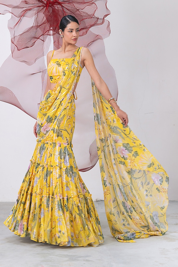 Yellow Lurex Chiffon Printed Draped Skirt Set by Vesture at Pernia's Pop Up Shop