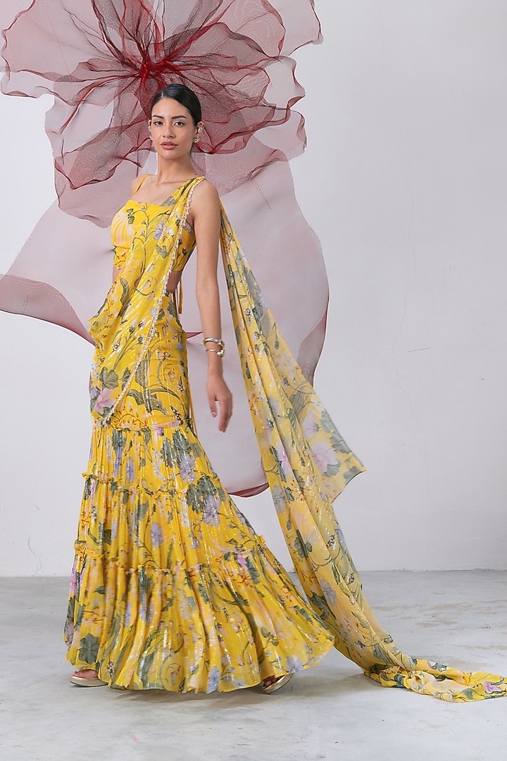 Yellow Lurex Chiffon Printed Draped Skirt Set by Vesture at Pernia's Pop Up Shop