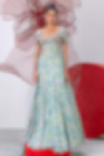 Green Lurex Chiffon Printed Flared Skirt Set by Vesture at Pernia's Pop Up Shop