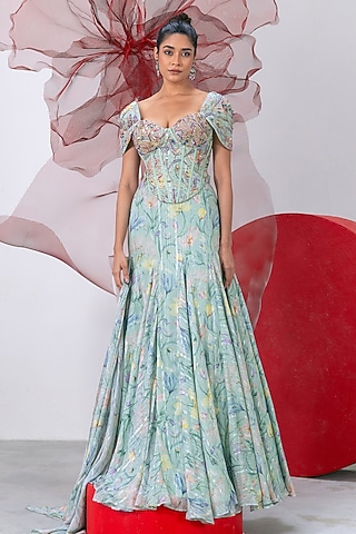 Green Lurex Chiffon Printed Flared Skirt Set by Vesture
