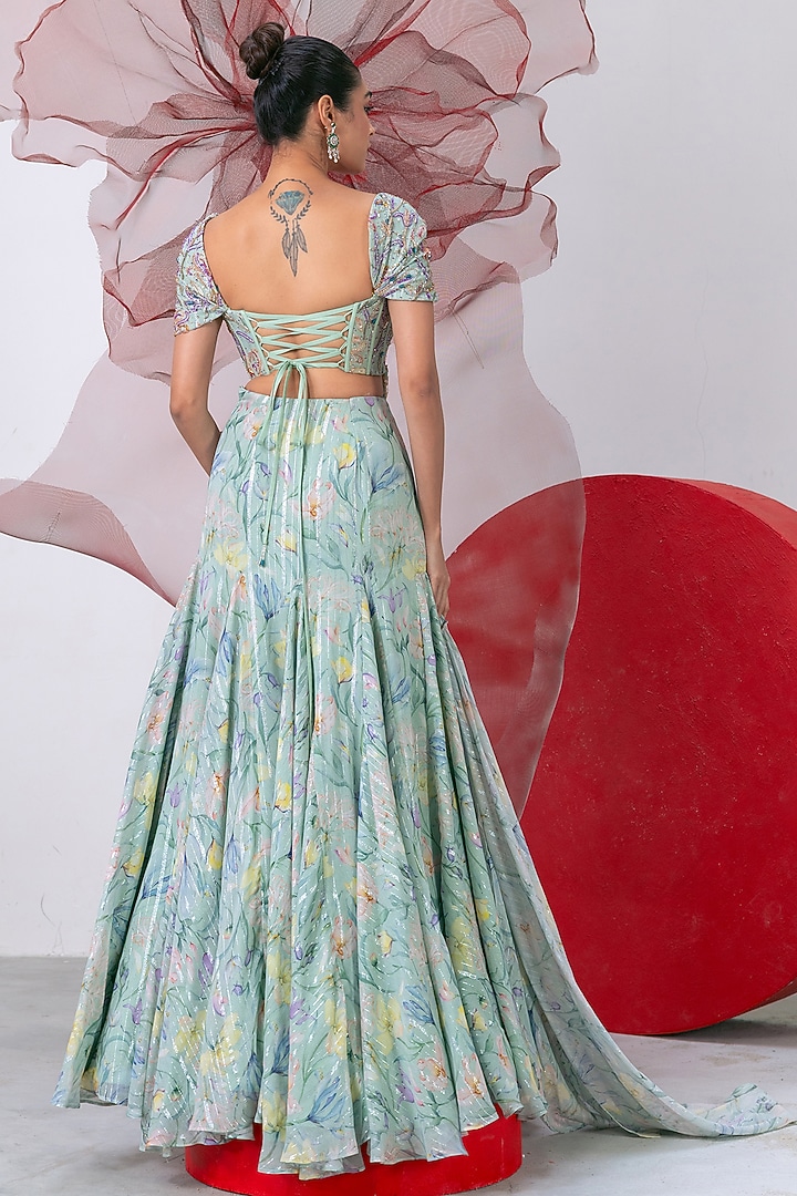 Green Lurex Chiffon Printed Flared Skirt Set by Vesture at Pernia's Pop Up Shop