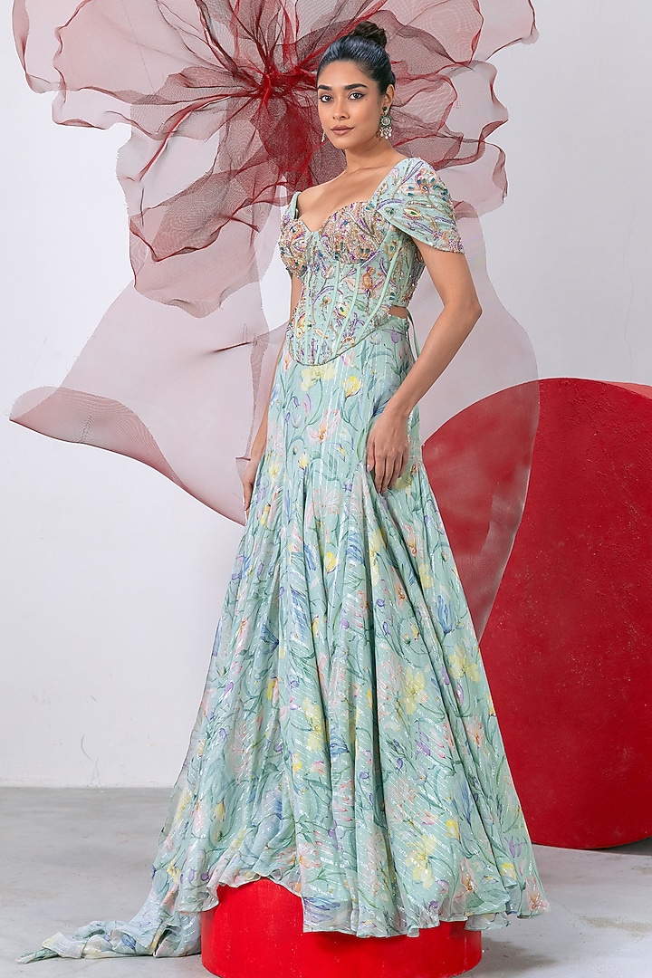 Green Lurex Chiffon Printed Flared Skirt Set by Vesture at Pernia's Pop Up Shop