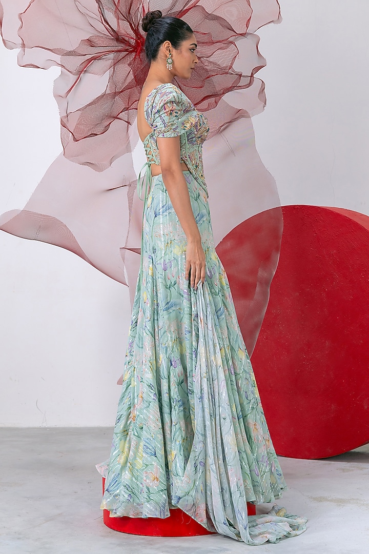 Green Lurex Chiffon Printed Flared Skirt Set by Vesture at Pernia's Pop Up Shop