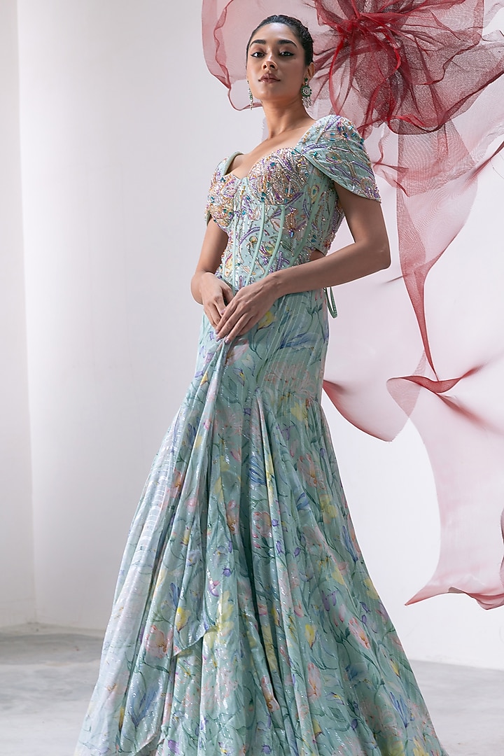 Green Lurex Chiffon Printed Flared Skirt Set by Vesture at Pernia's Pop Up Shop