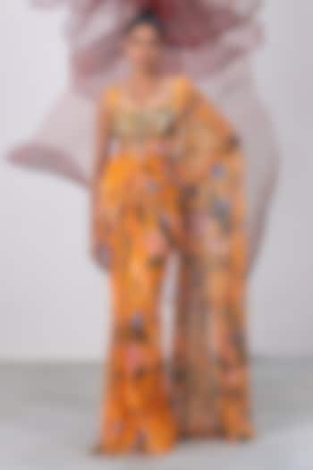 Yellow Mesh Lycra Printed Wedding Saree Set by Vesture at Pernia's Pop Up Shop