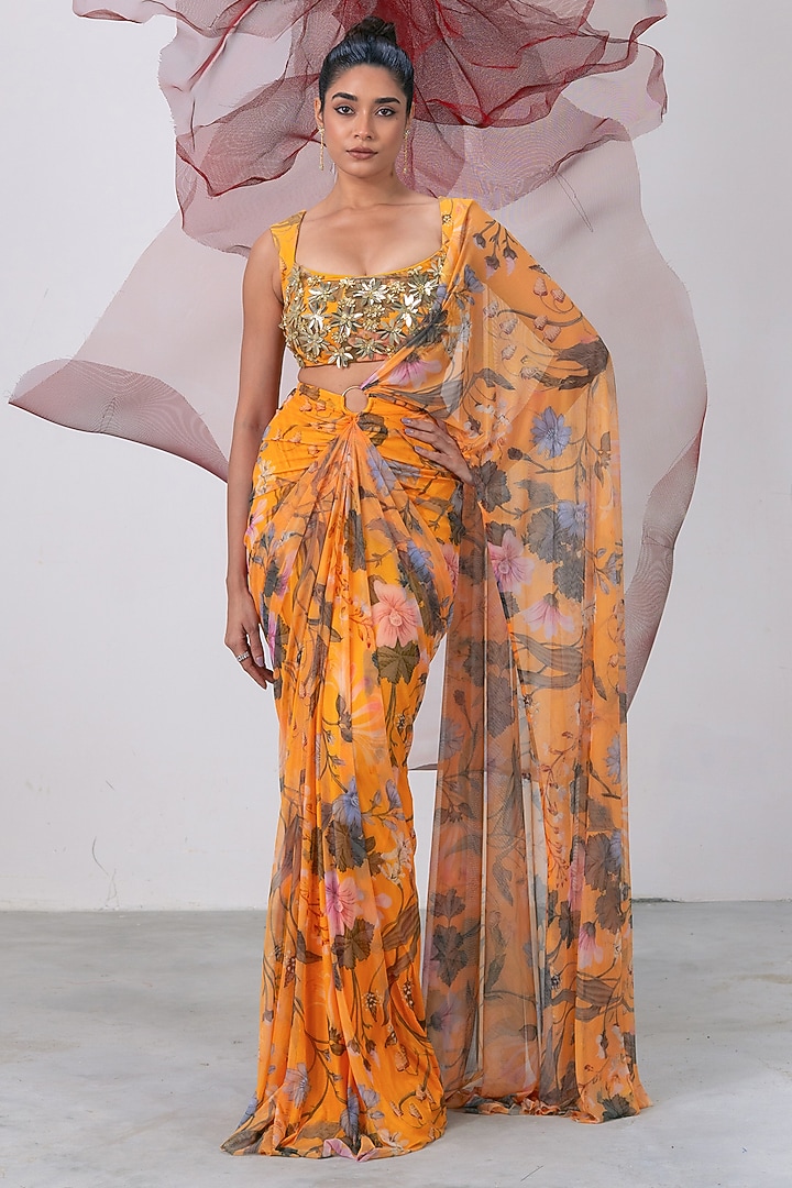 Yellow Mesh Lycra Printed Wedding Saree Set by Vesture at Pernia's Pop Up Shop