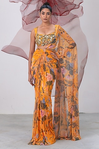 Yellow Mesh Lycra Printed Saree Set by Vesture