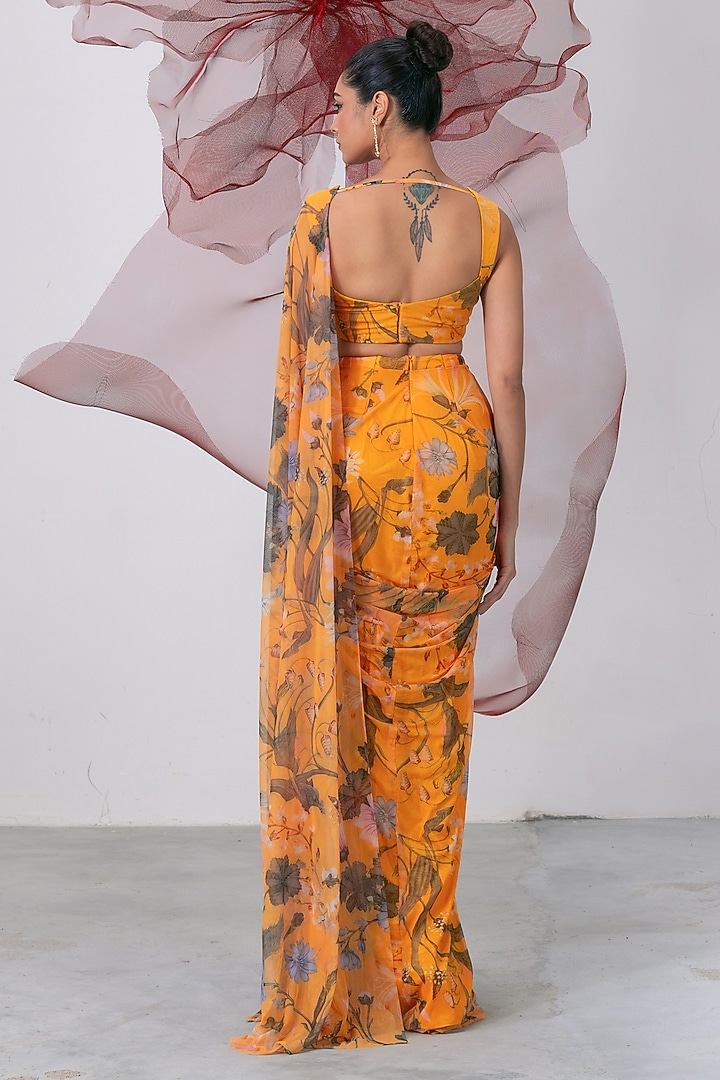 Yellow Mesh Lycra Printed Wedding Saree Set by Vesture at Pernia's Pop Up Shop
