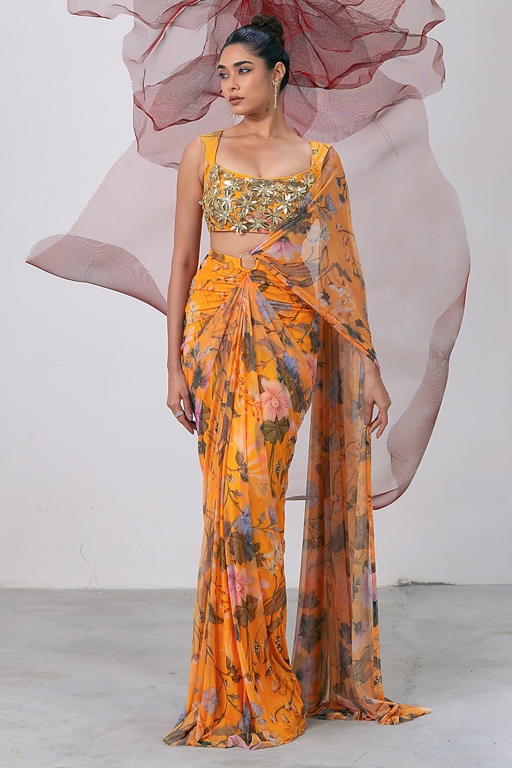 Yellow Mesh Lycra Printed Wedding Saree Set by Vesture at Pernia's Pop Up Shop
