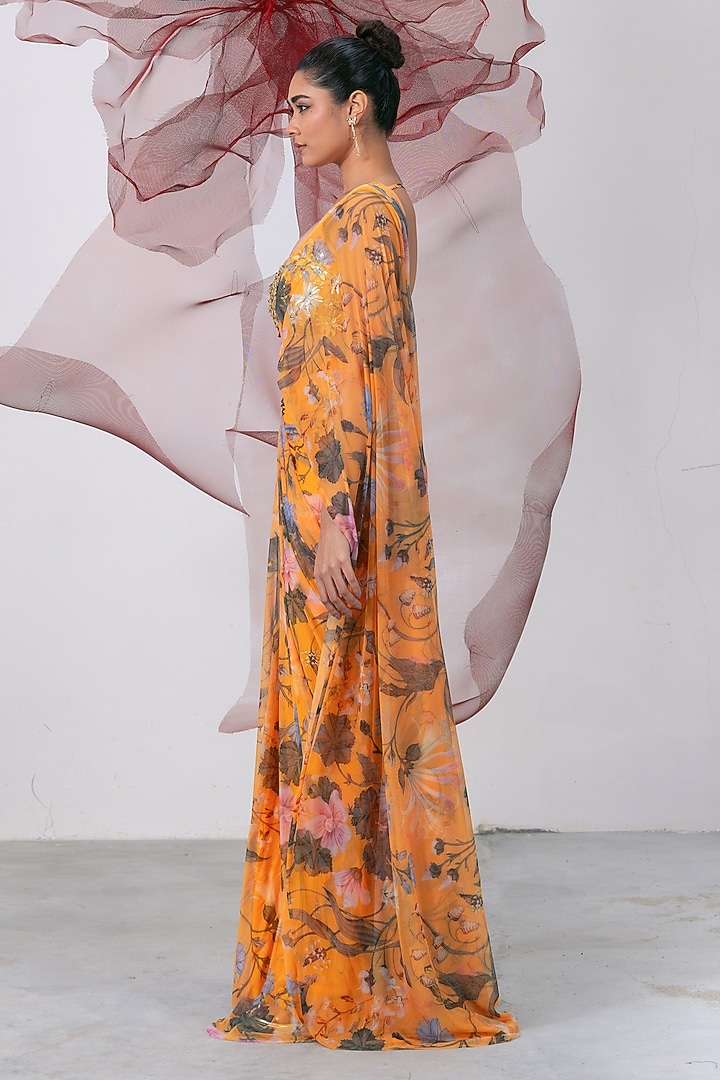 Yellow Mesh Lycra Printed Wedding Saree Set by Vesture at Pernia's Pop Up Shop