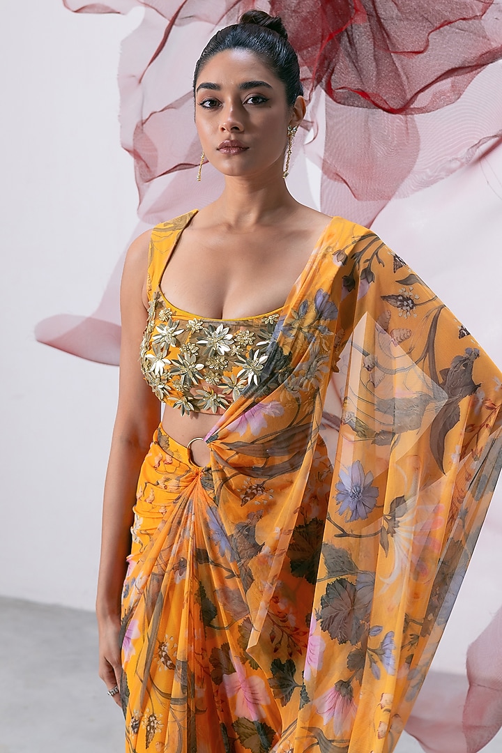 Yellow Mesh Lycra Printed Wedding Saree Set by Vesture at Pernia's Pop Up Shop