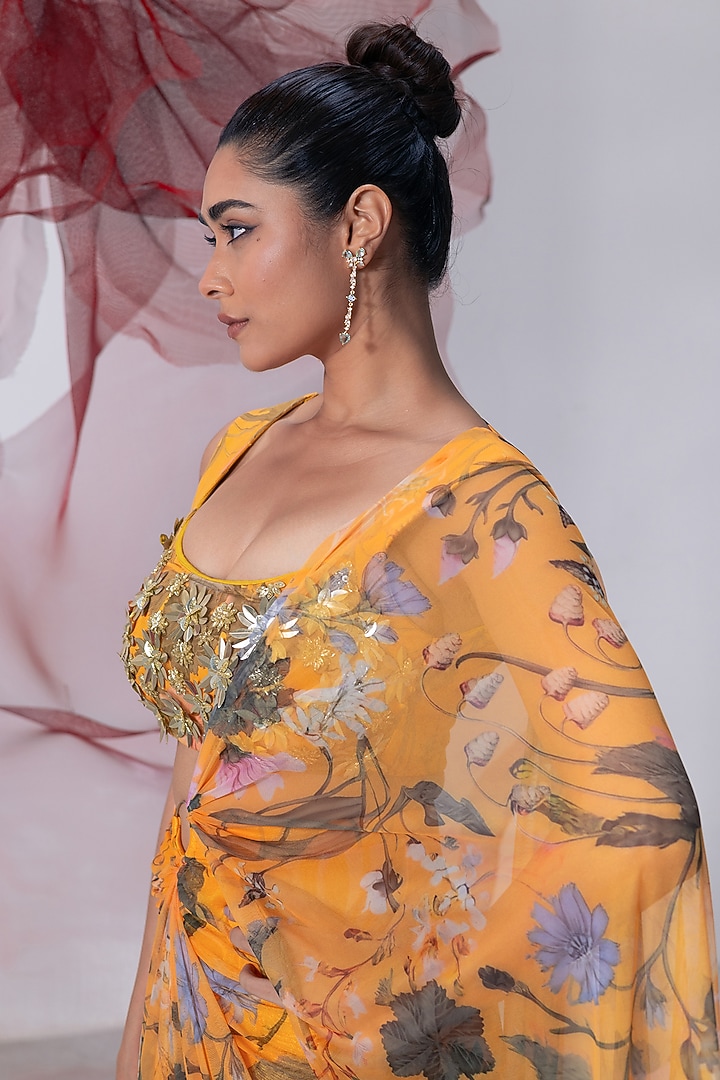 Yellow Mesh Lycra Printed Wedding Saree Set by Vesture at Pernia's Pop Up Shop