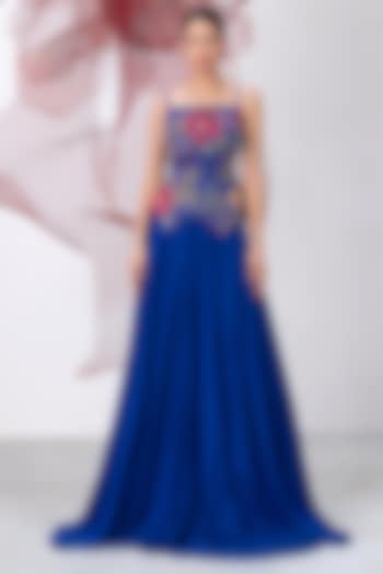 Electric Blue Crepe Flared Skirt Set by Vesture at Pernia's Pop Up Shop