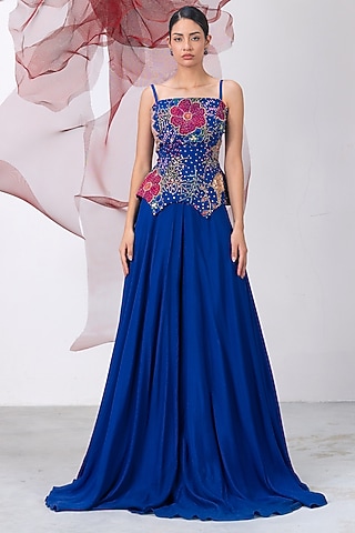 Electric Blue Crepe Flared Skirt Set by Vesture