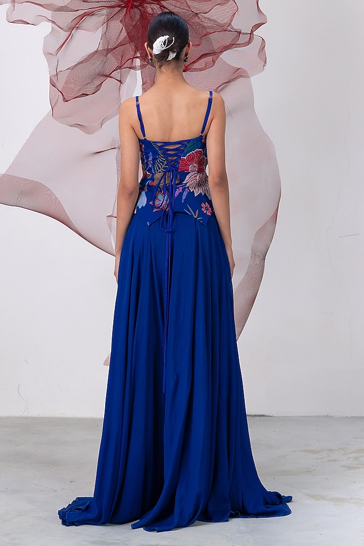 Electric Blue Crepe Flared Skirt Set by Vesture at Pernia's Pop Up Shop
