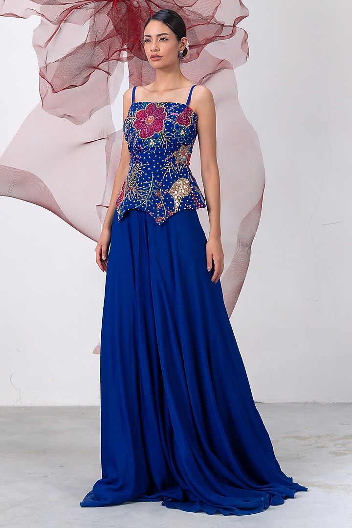 Electric Blue Crepe Flared Skirt Set by Vesture at Pernia's Pop Up Shop