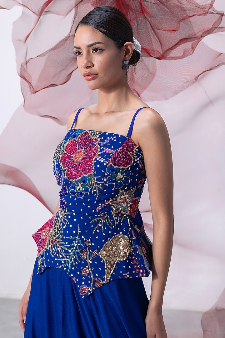 Electric Blue Crepe Flared Skirt Set by Vesture at Pernia's Pop Up Shop