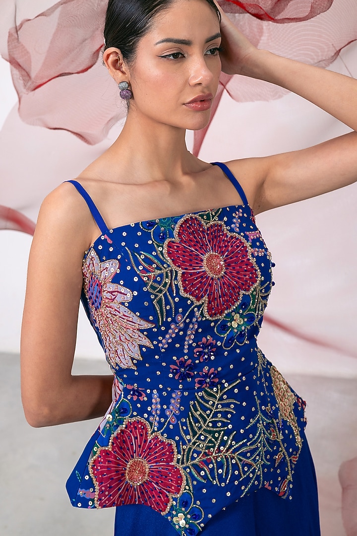 Electric Blue Crepe Flared Skirt Set by Vesture at Pernia's Pop Up Shop