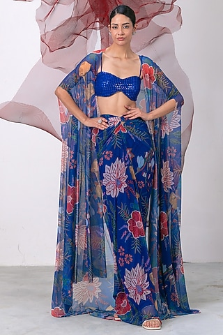 Electric Blue Mesh Lycra Printed Skirt Set by Vesture