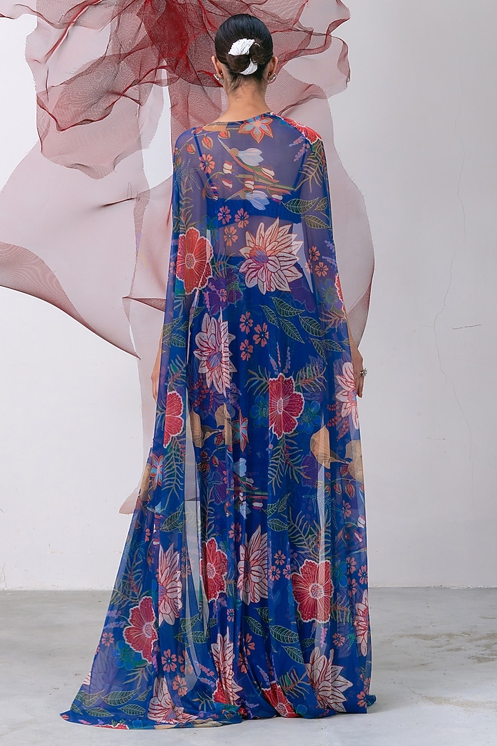 Electric Blue Mesh Lycra Printed Skirt Set by Vesture at Pernia's Pop Up Shop