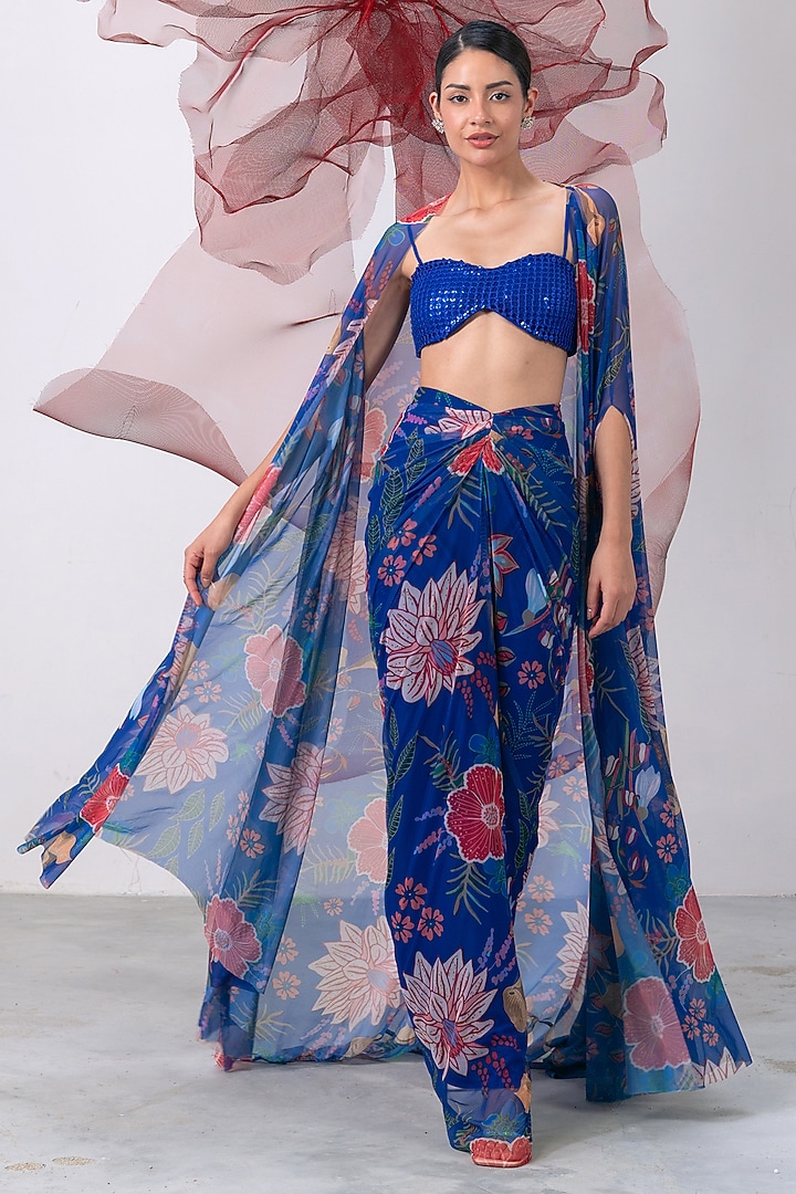 Electric Blue Mesh Lycra Printed Skirt Set by Vesture at Pernia's Pop Up Shop