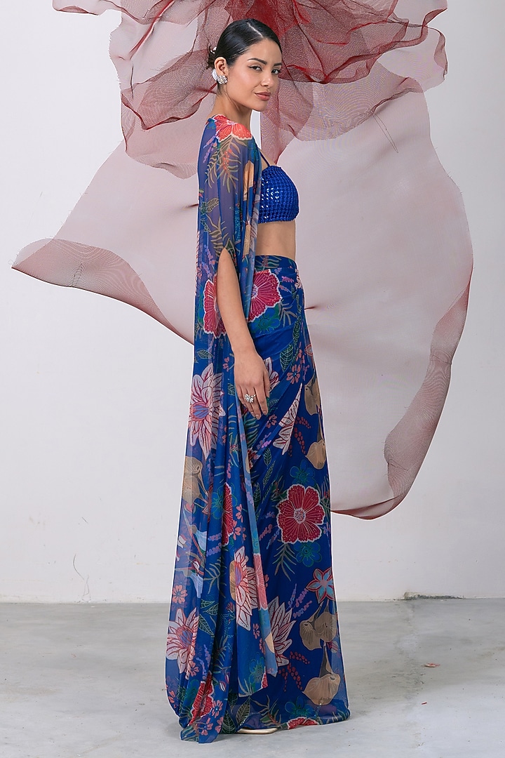 Electric Blue Mesh Lycra Printed Skirt Set by Vesture at Pernia's Pop Up Shop