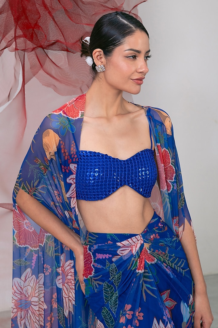 Electric Blue Mesh Lycra Printed Skirt Set by Vesture at Pernia's Pop Up Shop