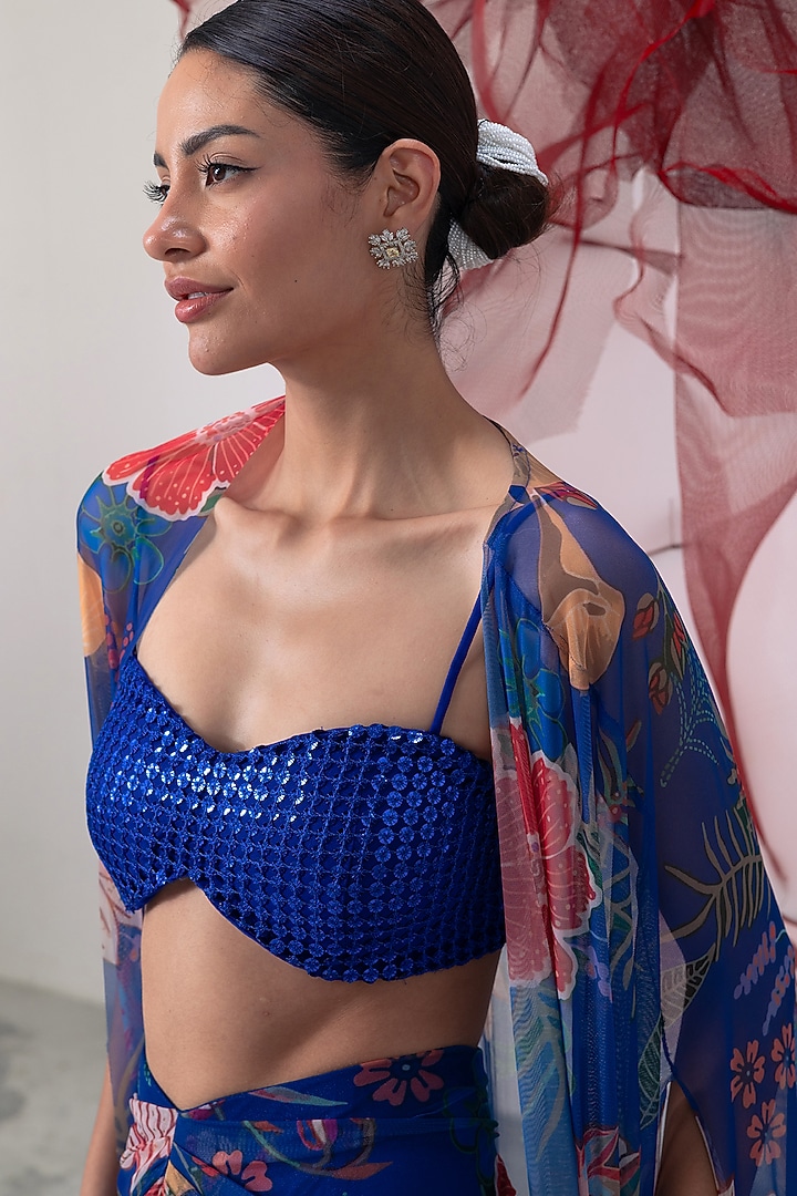 Electric Blue Mesh Lycra Printed Skirt Set by Vesture at Pernia's Pop Up Shop