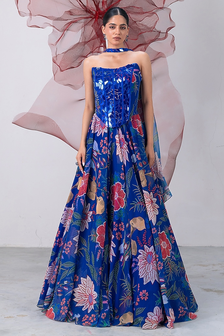 Electric Blue Organza Printed Wedding Lehenga Set by Vesture at Pernia's Pop Up Shop