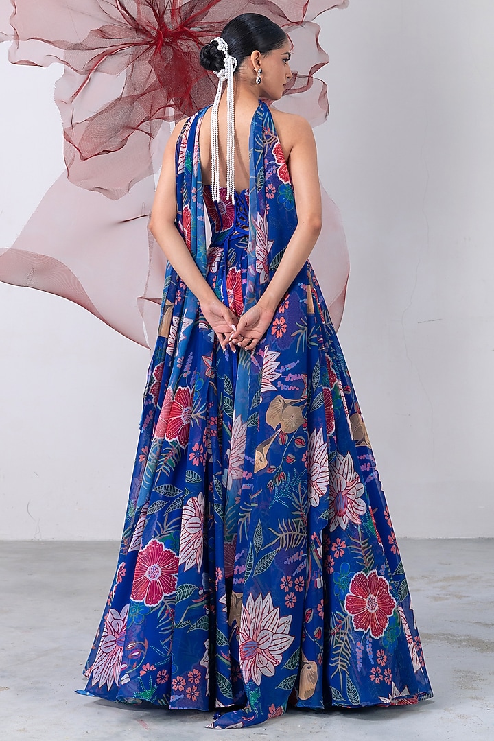 Electric Blue Organza Printed Wedding Lehenga Set by Vesture at Pernia's Pop Up Shop