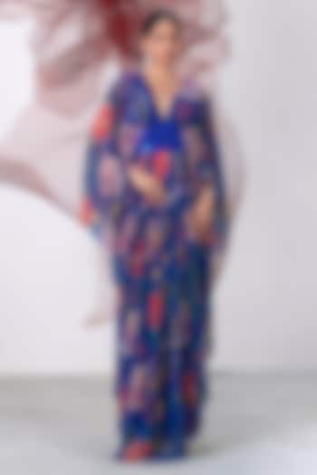 Electric Blue Mesh Lycra Printed Kaftan Dress by Vesture at Pernia's Pop Up Shop