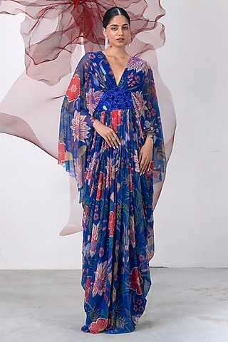 Electric Blue Mesh Lycra Printed Kaftan Dress by Vesture