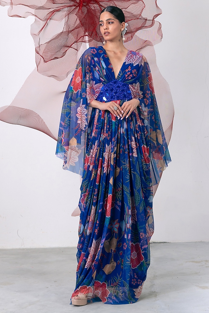Electric Blue Mesh Lycra Printed Kaftan Dress by Vesture at Pernia's Pop Up Shop