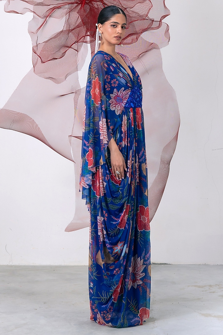 Electric Blue Mesh Lycra Printed Kaftan Dress by Vesture at Pernia's Pop Up Shop