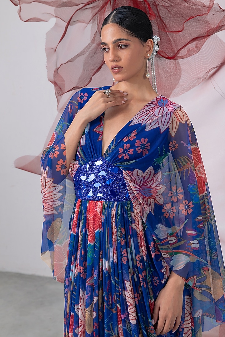 Electric Blue Mesh Lycra Printed Kaftan Dress by Vesture at Pernia's Pop Up Shop