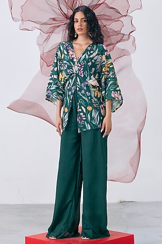 Emerald Green Crepe Printed Pant Set by Vesture