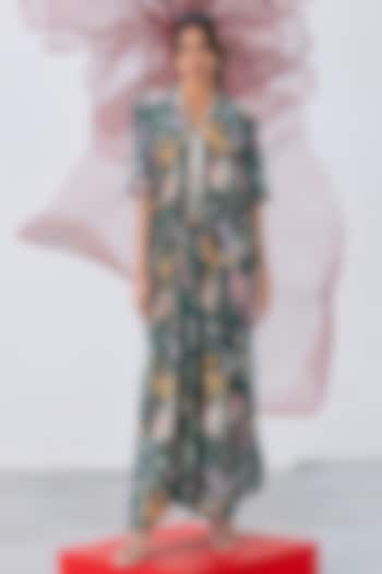Emerald Green Crepe Embellished & Printed Kaftan Dress by Vesture at Pernia's Pop Up Shop