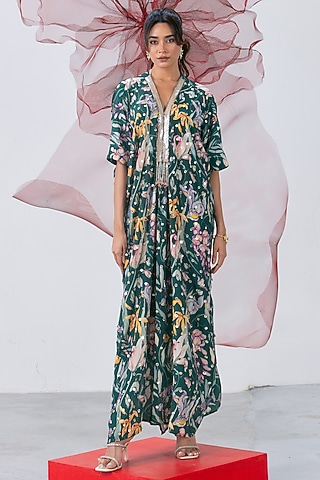Emerald Green Crepe Embellished & Printed Kaftan Dress by Vesture