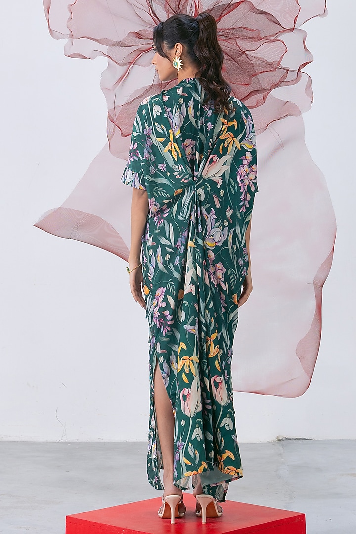 Emerald Green Crepe Embellished & Printed Kaftan Dress by Vesture at Pernia's Pop Up Shop