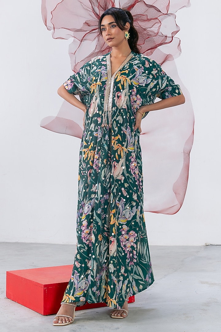 Emerald Green Crepe Embellished & Printed Kaftan Dress by Vesture at Pernia's Pop Up Shop