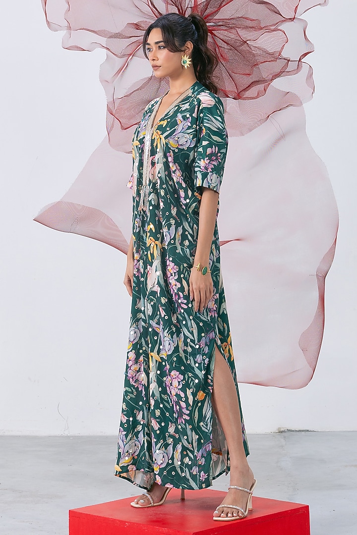 Emerald Green Crepe Embellished & Printed Kaftan Dress by Vesture at Pernia's Pop Up Shop
