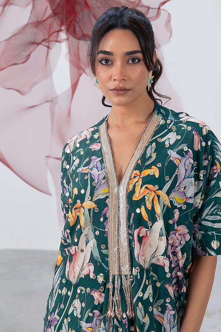 Emerald Green Crepe Embellished & Printed Kaftan Dress by Vesture at Pernia's Pop Up Shop