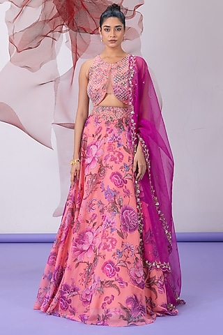 Pink Organza Printed Lehenga Set by Vesture