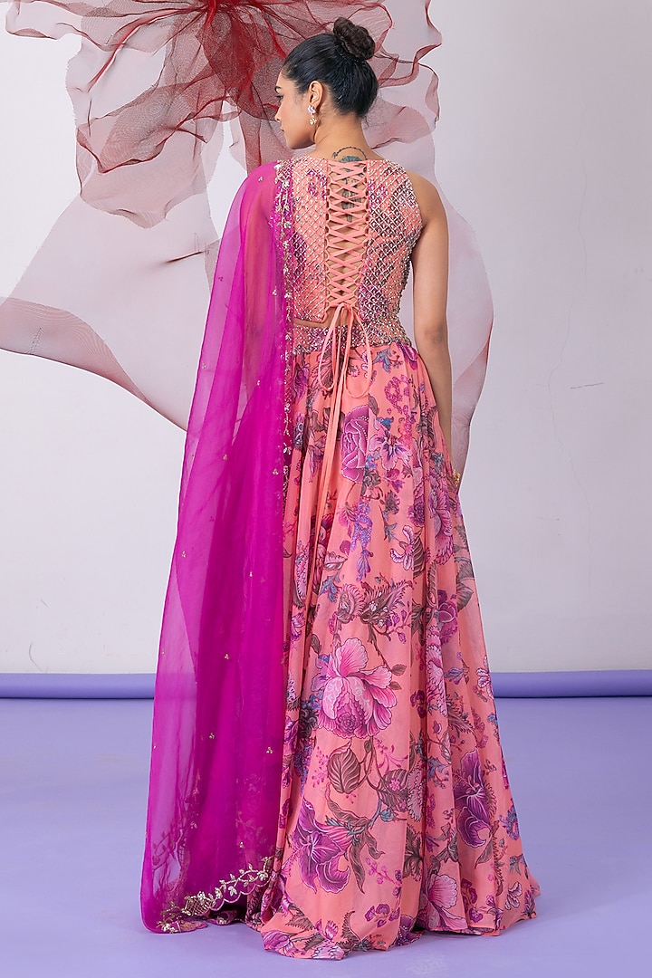 Pink Organza Printed Wedding Lehenga Set by Vesture at Pernia's Pop Up Shop