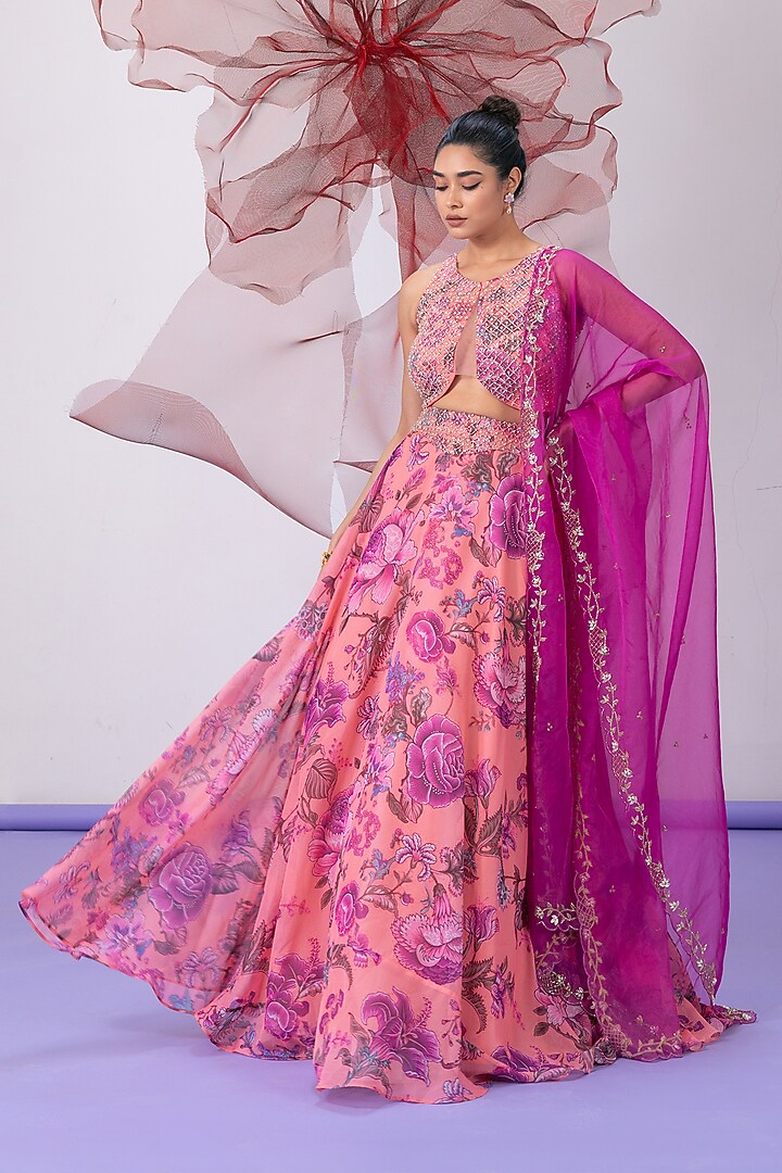 Pink Organza Printed Wedding Lehenga Set by Vesture at Pernia's Pop Up Shop