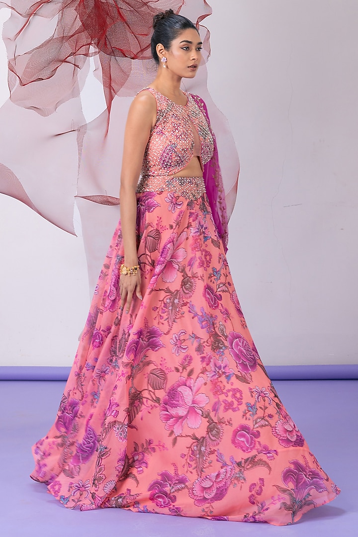 Pink Organza Printed Wedding Lehenga Set by Vesture at Pernia's Pop Up Shop