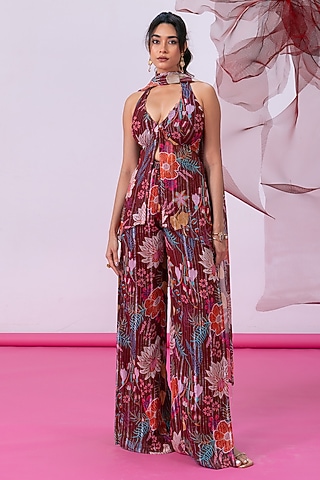 Maroon Lurex Chiffon Printed Kurta Set by Vesture