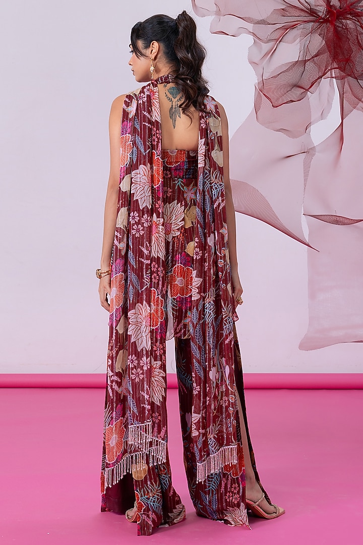 Maroon Lurex Chiffon Printed Kurta Set by Vesture at Pernia's Pop Up Shop