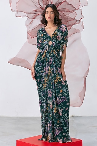 Green Mesh Lycra Printed Gown by Vesture